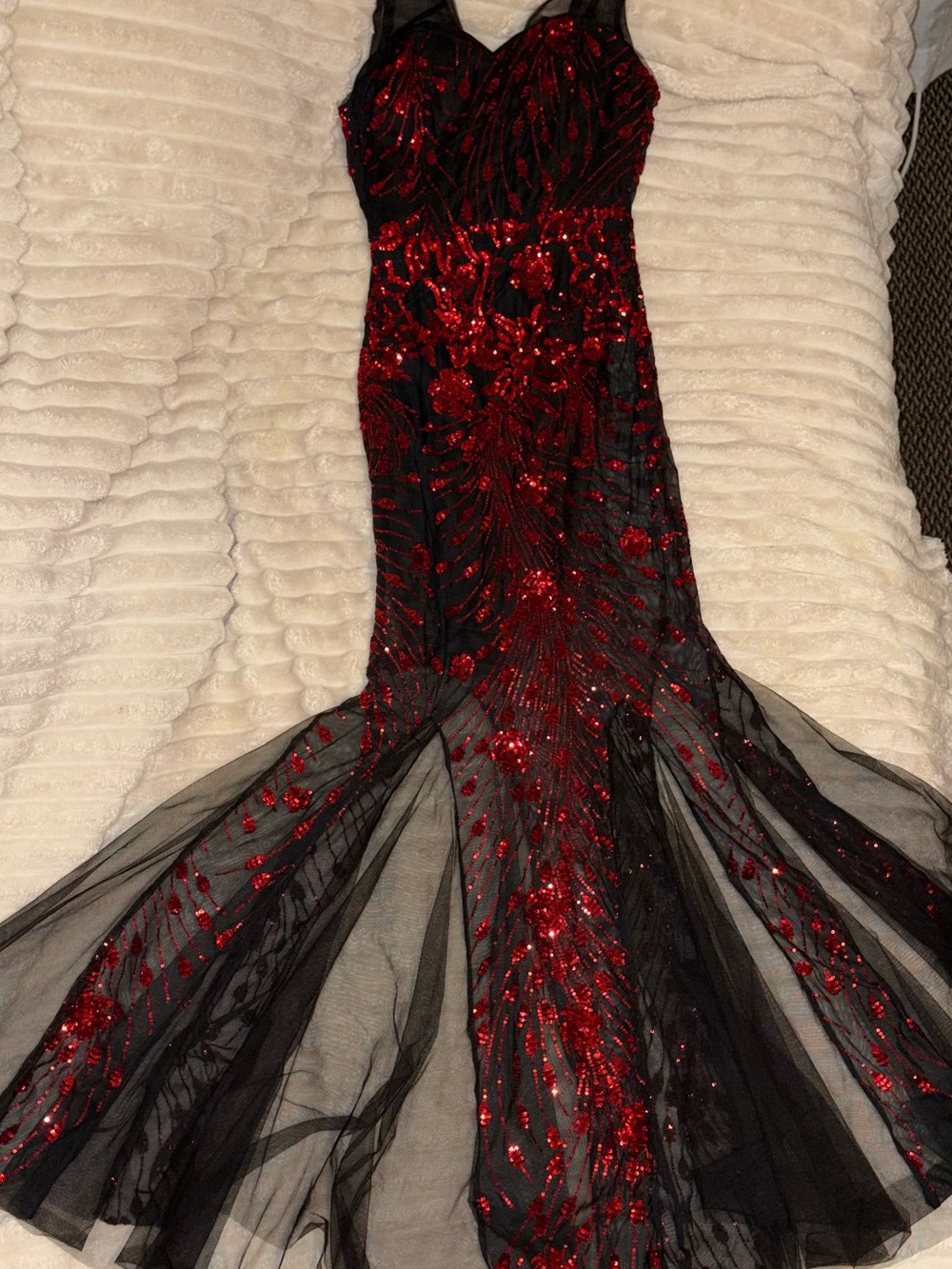 SHEIN Black Mesh Mermaid Gown with Red Sequin Floral Embellish